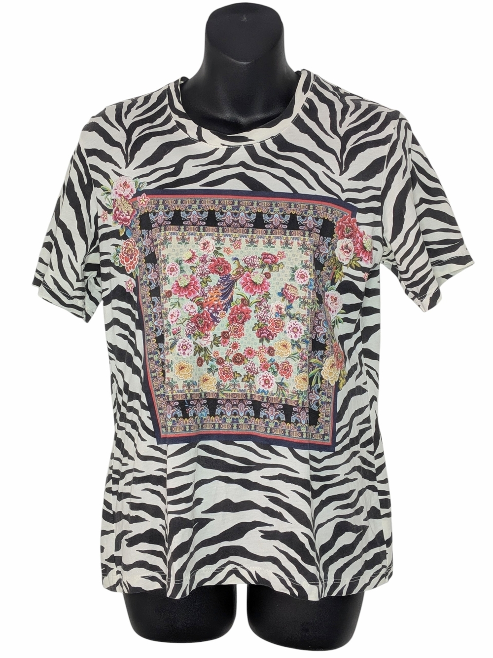 Johnny Was Plume De Paon  Black & White Zebra Tee with Floral Peacock Panel